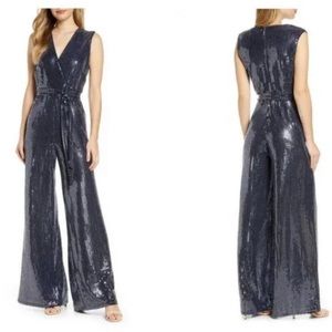 NWT Donna Ricco Sequin Sleeveless Wide Leg Jumpsuit 4 Blue Multi